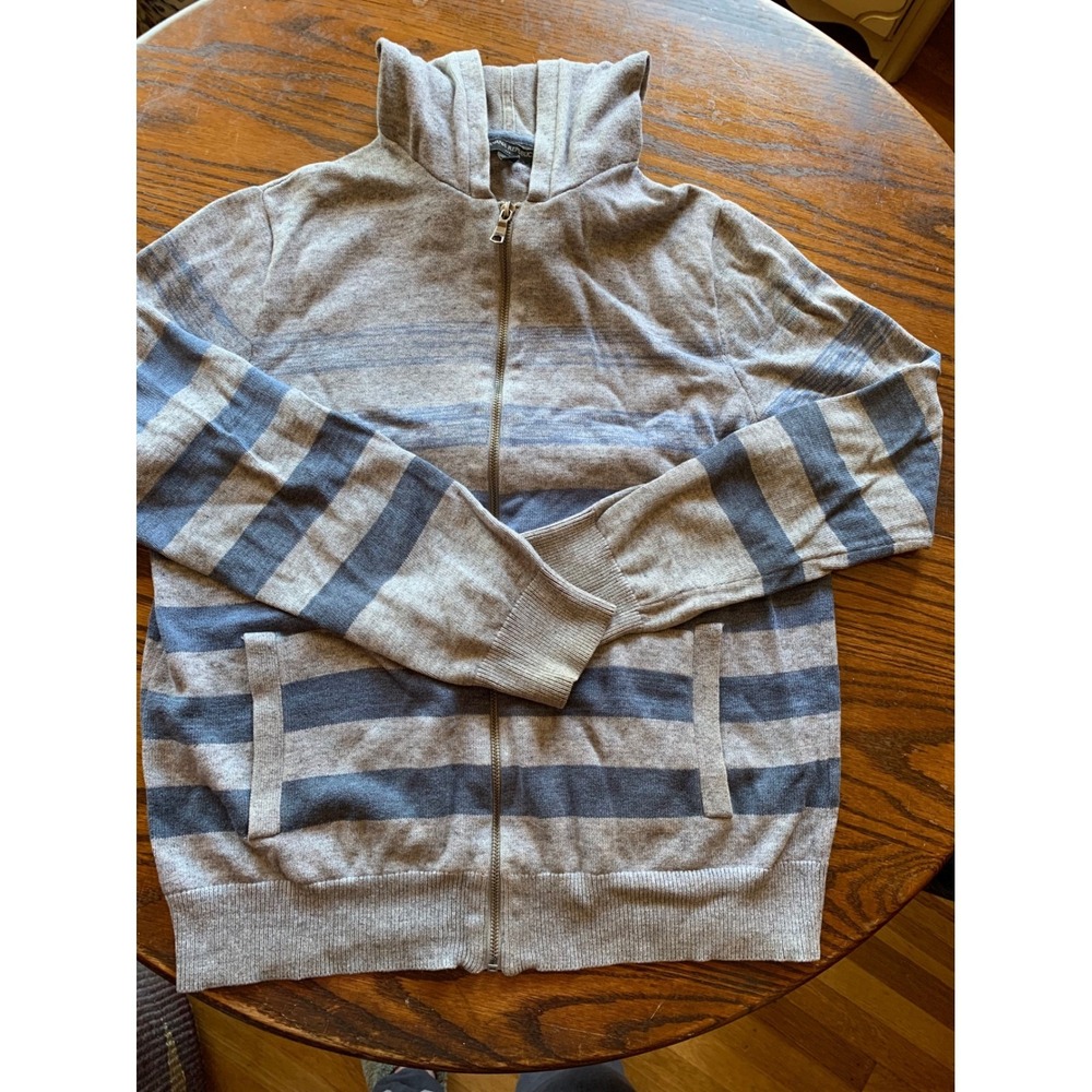 Banana Republic Mens Gray Blue Striped Full Zip Hooded Cotton Sweater Size M